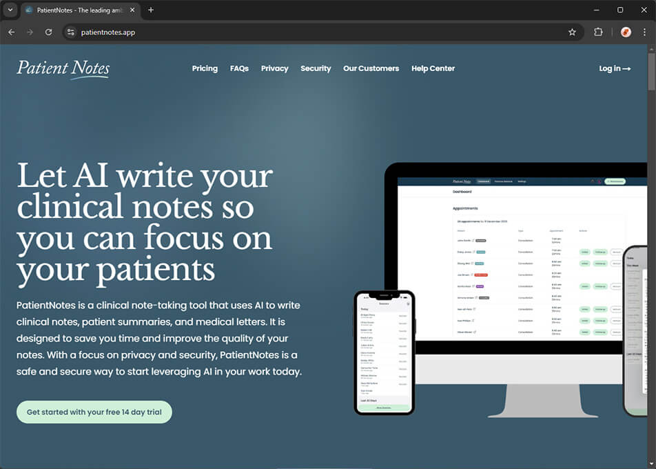 PatientNotes homepage