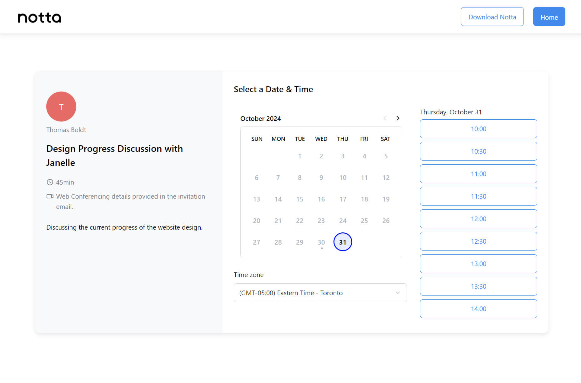 Notta's meeting scheduler