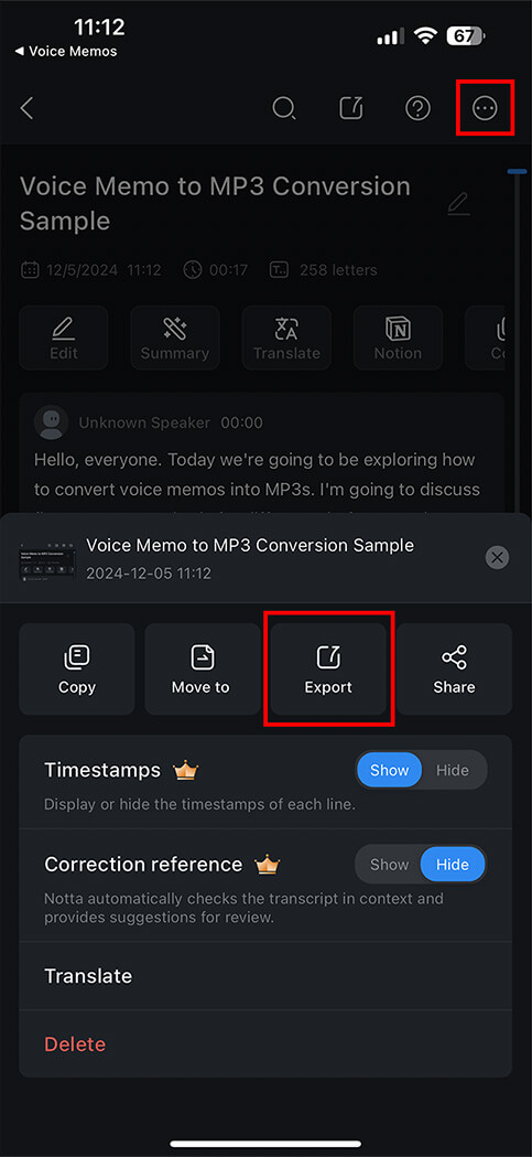 Export your voice memo as MP3