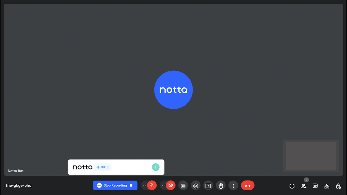 Notta records a session on Google Meet