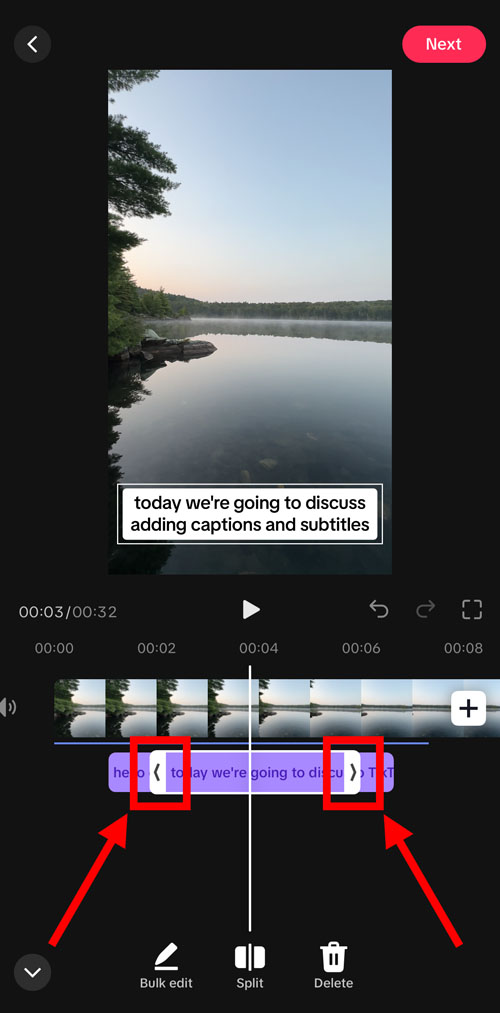 use the arrow markers to adjust the start and end points of each caption