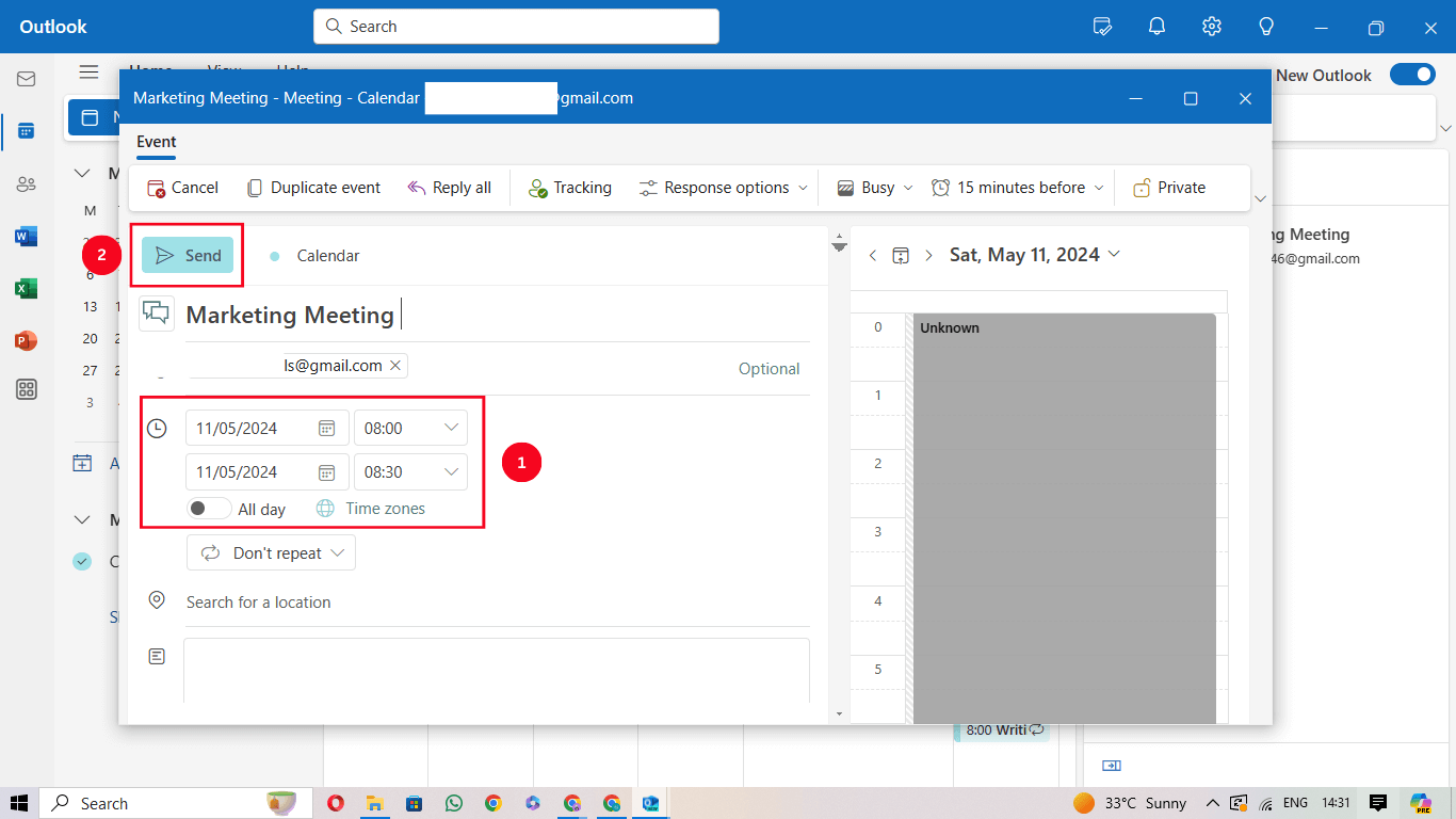 Change the time and date of the meeting and click Send