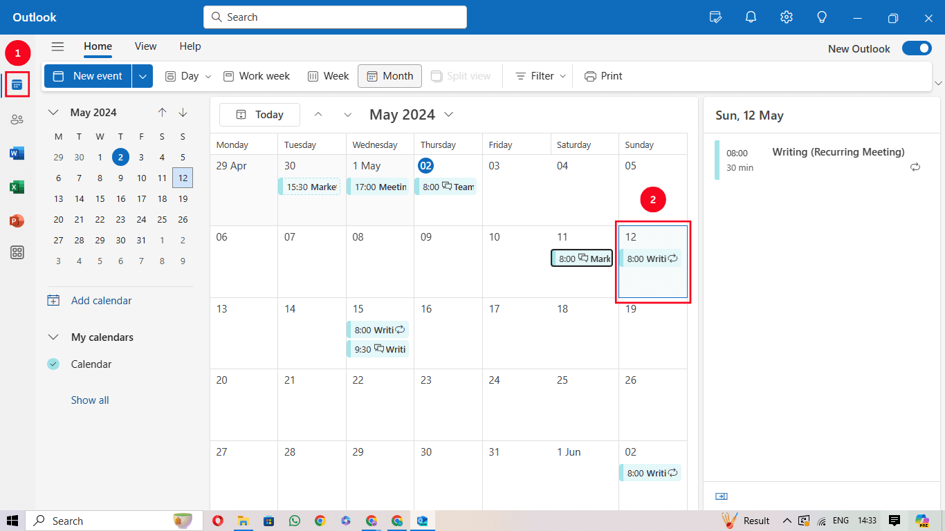 Click the Calendar icon and double-click on the recurring meeting