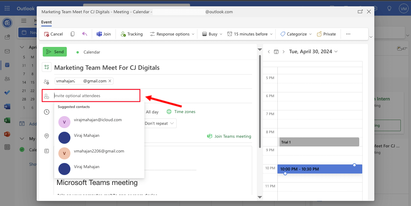 Open the meeting and type the email address in the Add Optional Attendees section