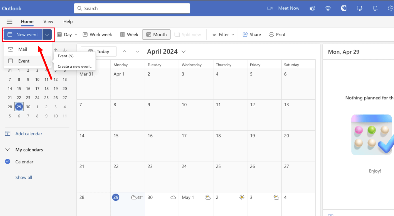 Click on the Calendar button and select New Event