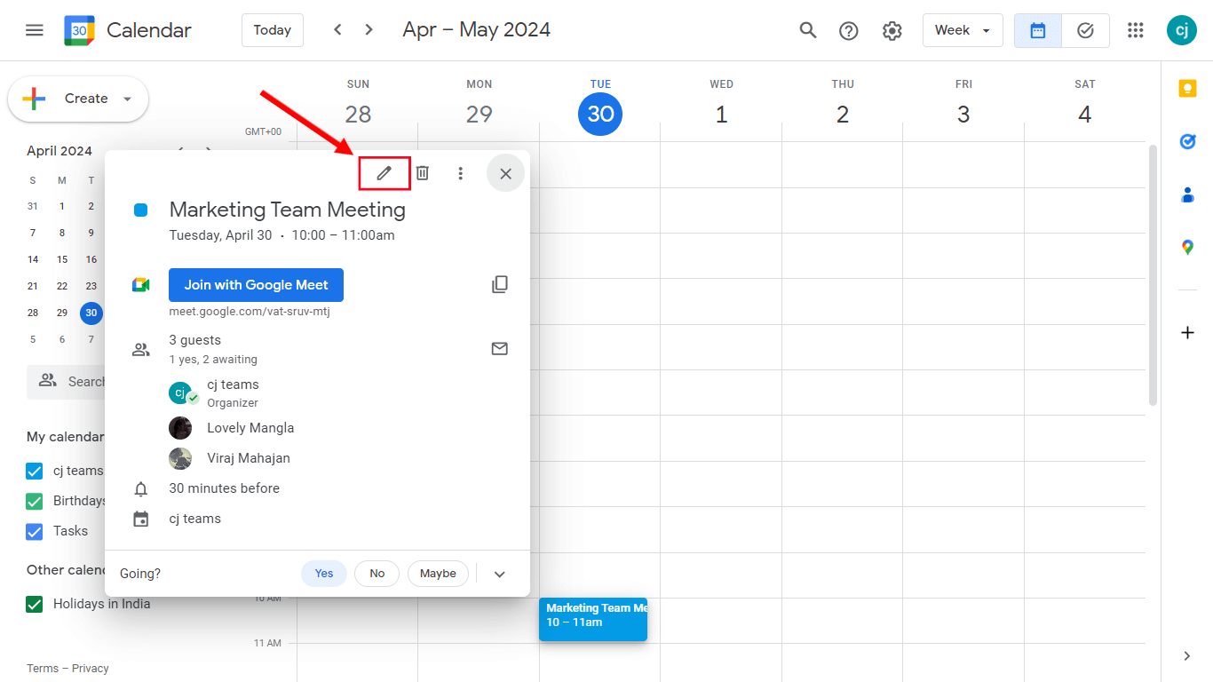 Click on the scheduled meeting and select the pencil icon