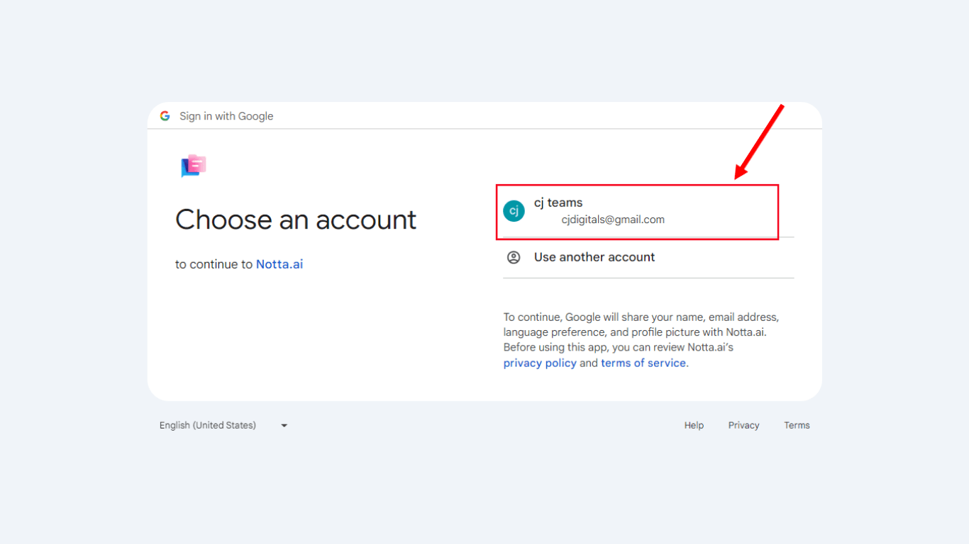 Select the Google account to connect with Notta