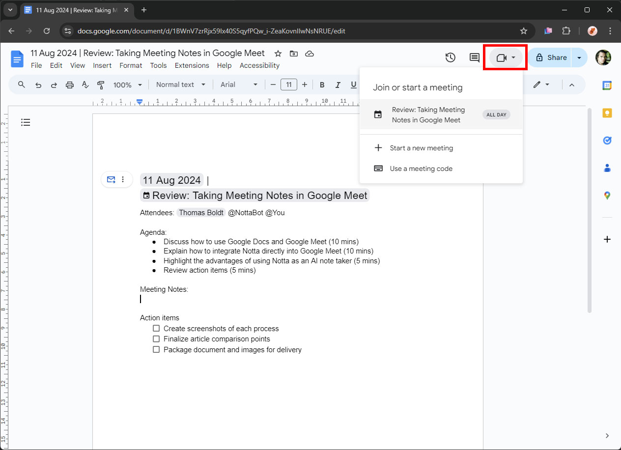 Start your meeting in Google Docs