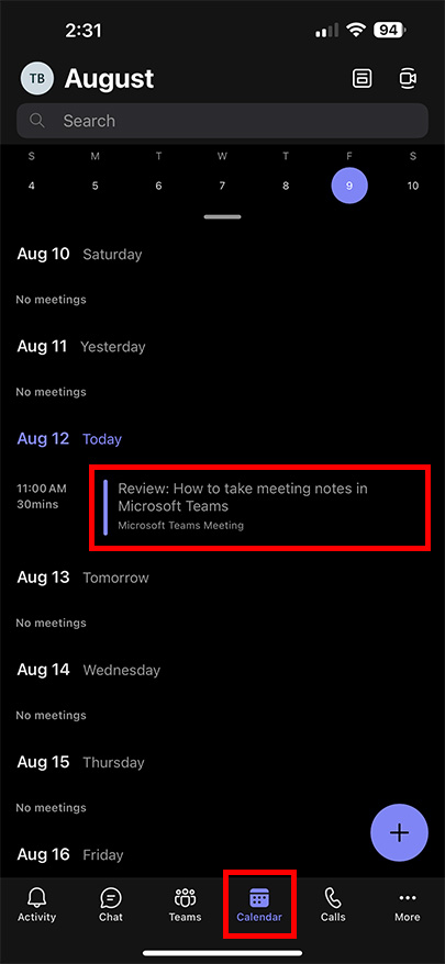 Tap 'Calendar' at the bottom of the Teams window