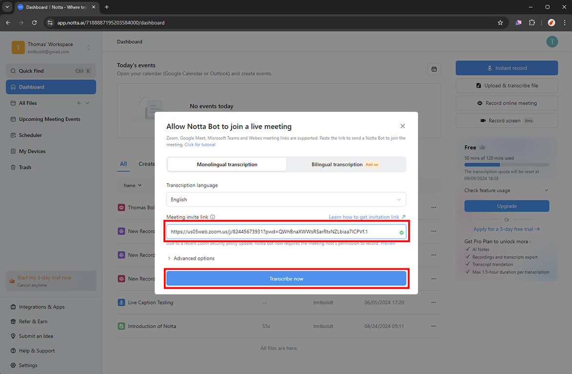 click 'Transcribe now' to invite Notta into your meeting