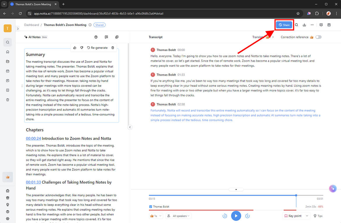 Export and share transcripts