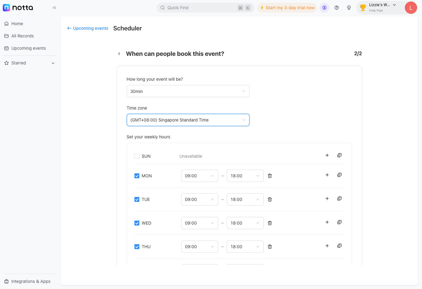 Select the event duration, timezone and set working hours