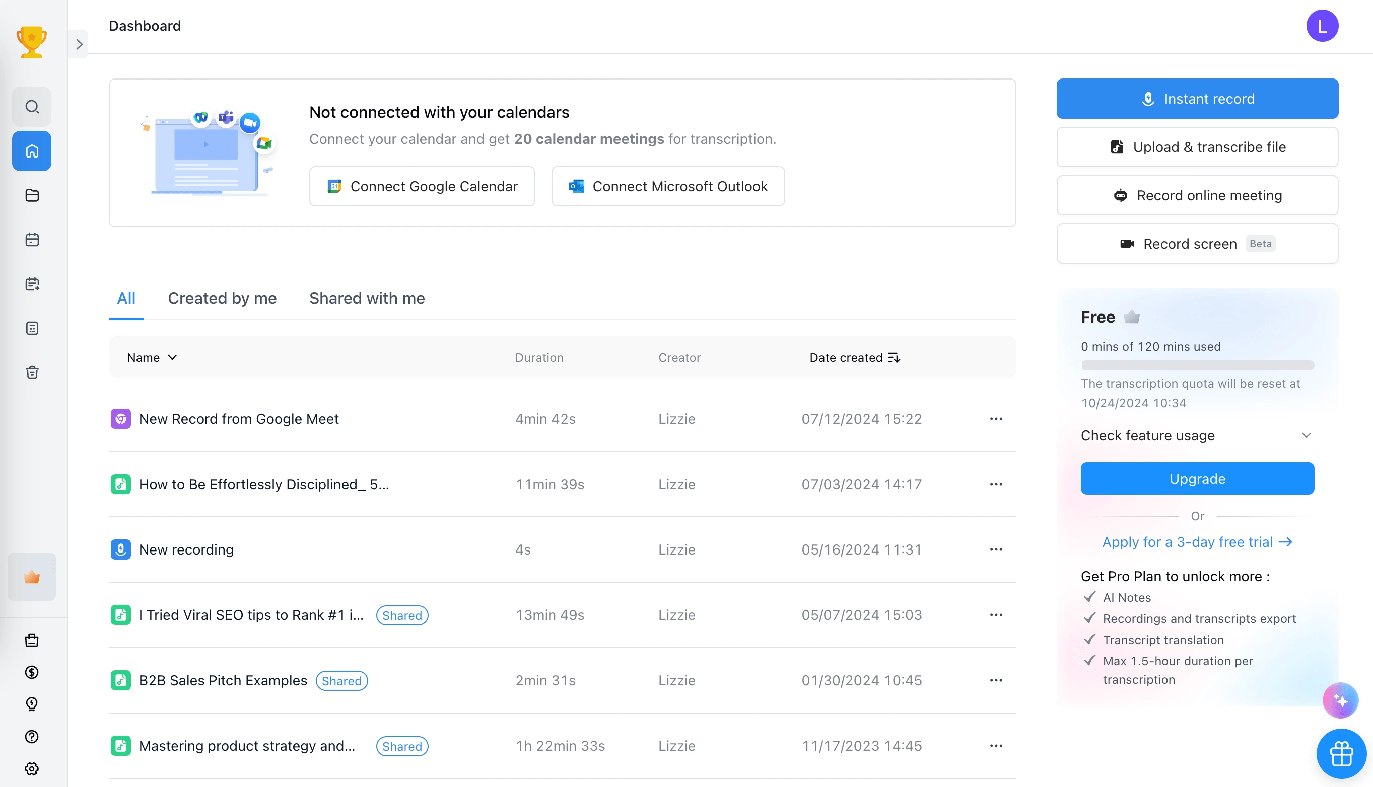 Choose Record screen on the Notta dashboard