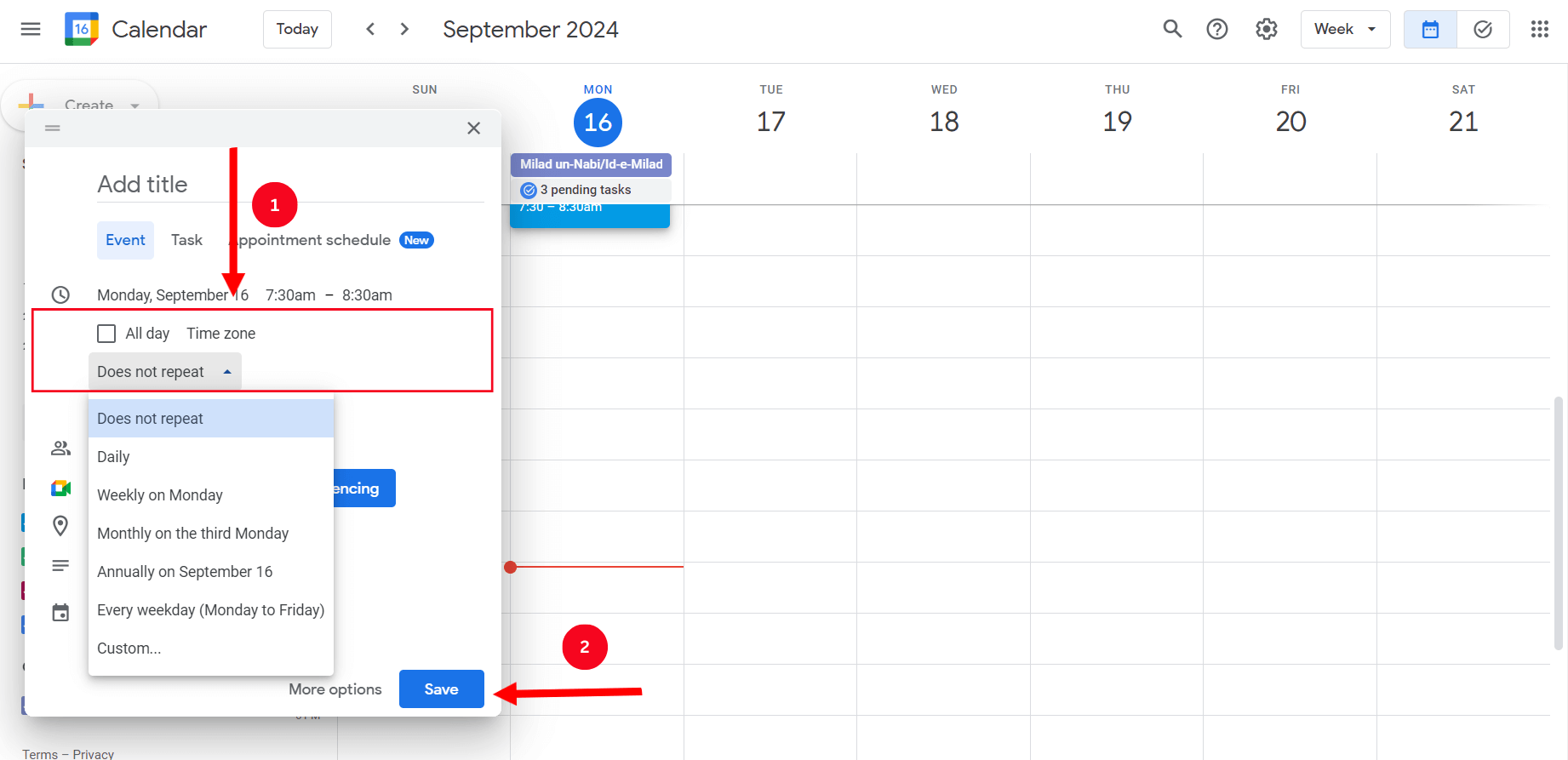 Set the recurring interval on Google Calendar and click on Save