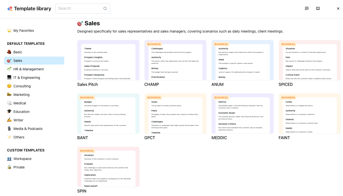 Notta's sales summary templates