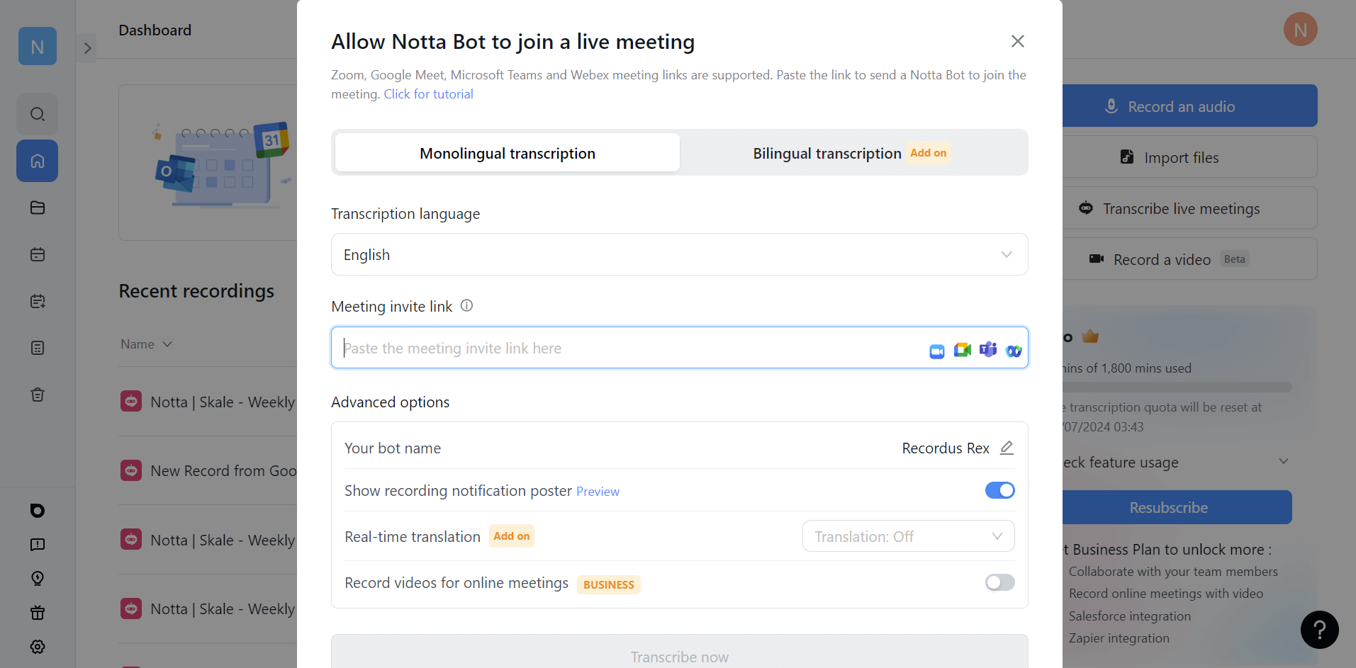 Take meeting minutes with Notta