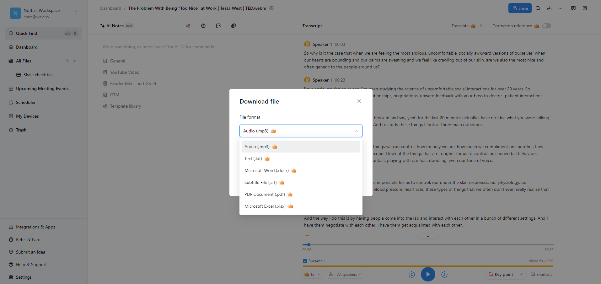 Export transcript or audio recording