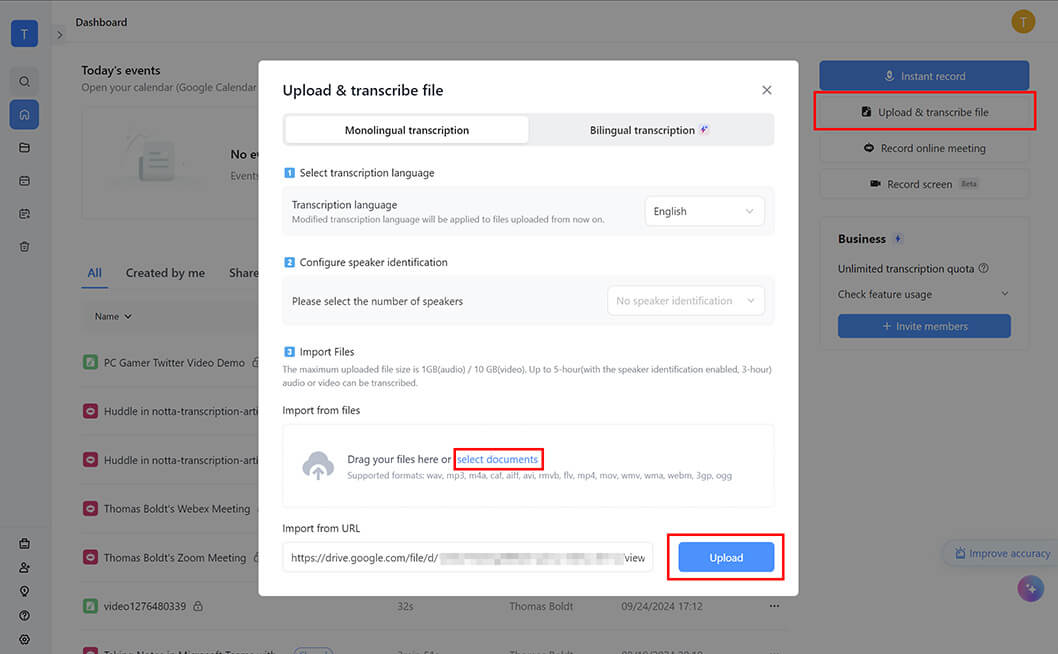 Transcribe the file with Notta