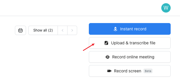 select 'upload and transcribe file' in Notta