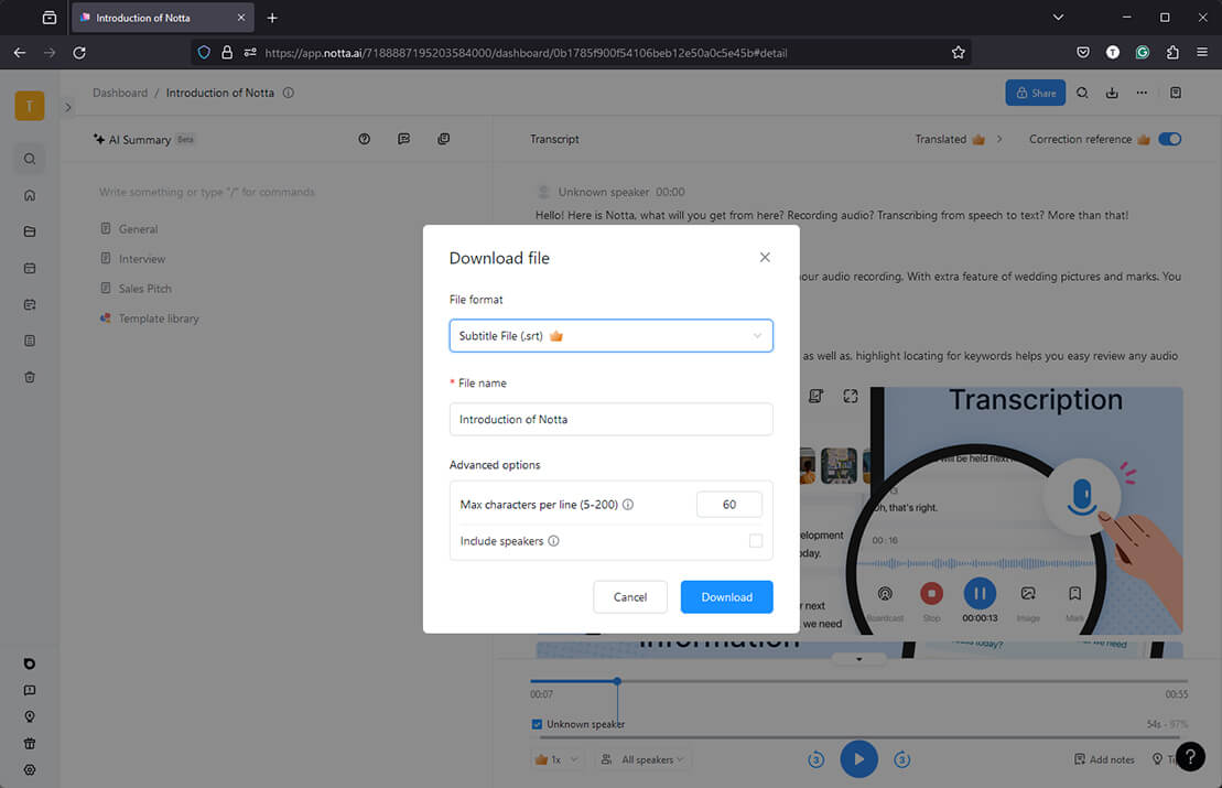 Use Notta to create SRT files