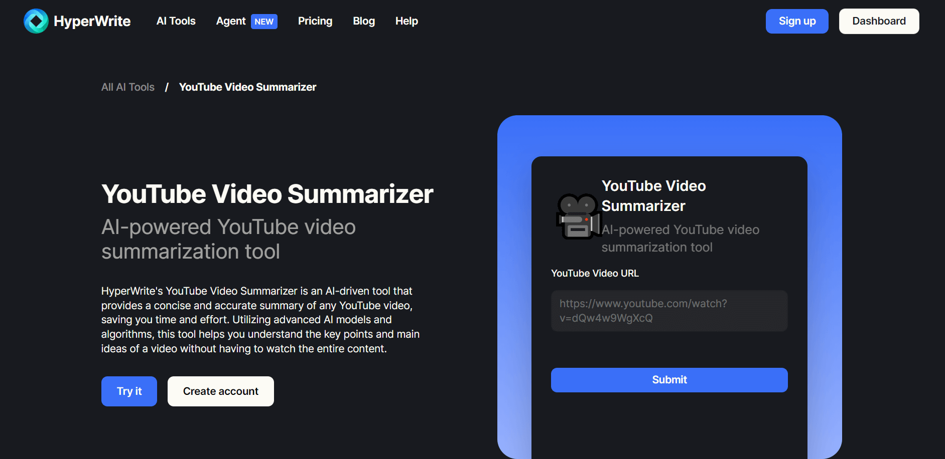 Hyperwrite's video summarizer page screenshot