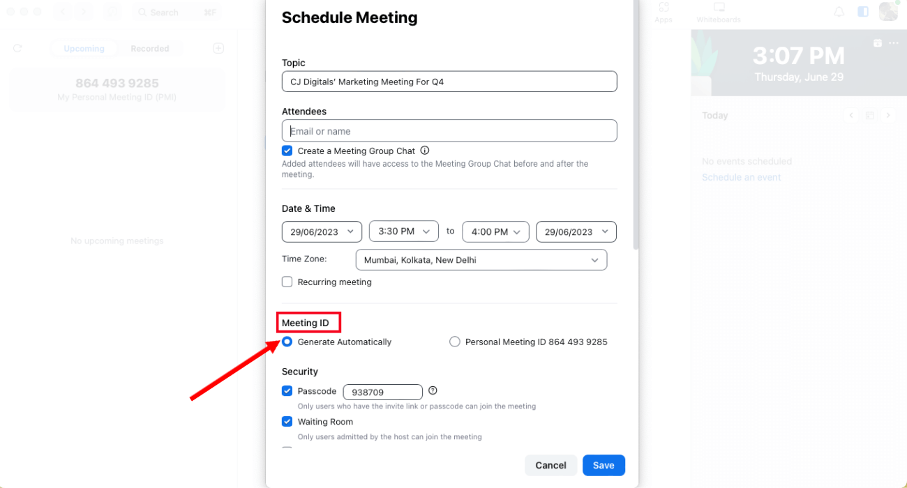 locate meeting id and select generate automatically