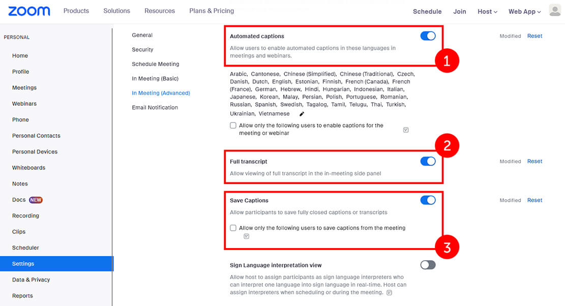 Select the 'Meeting' tab, then select 'In Meeting (Advanced)'