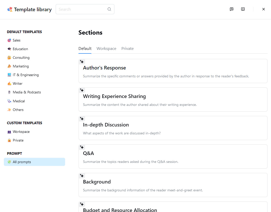 Click one of the preset templates or prompts from the list, and Notta will immediately generate an AI summary for you.